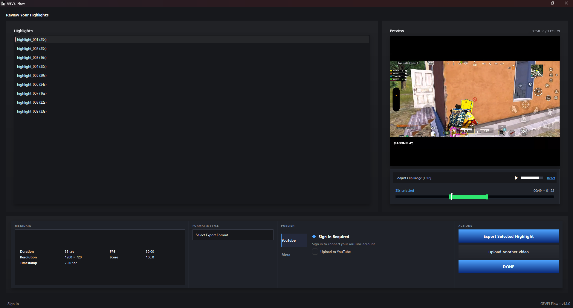 GEVEI FLOW AI highlight review screen