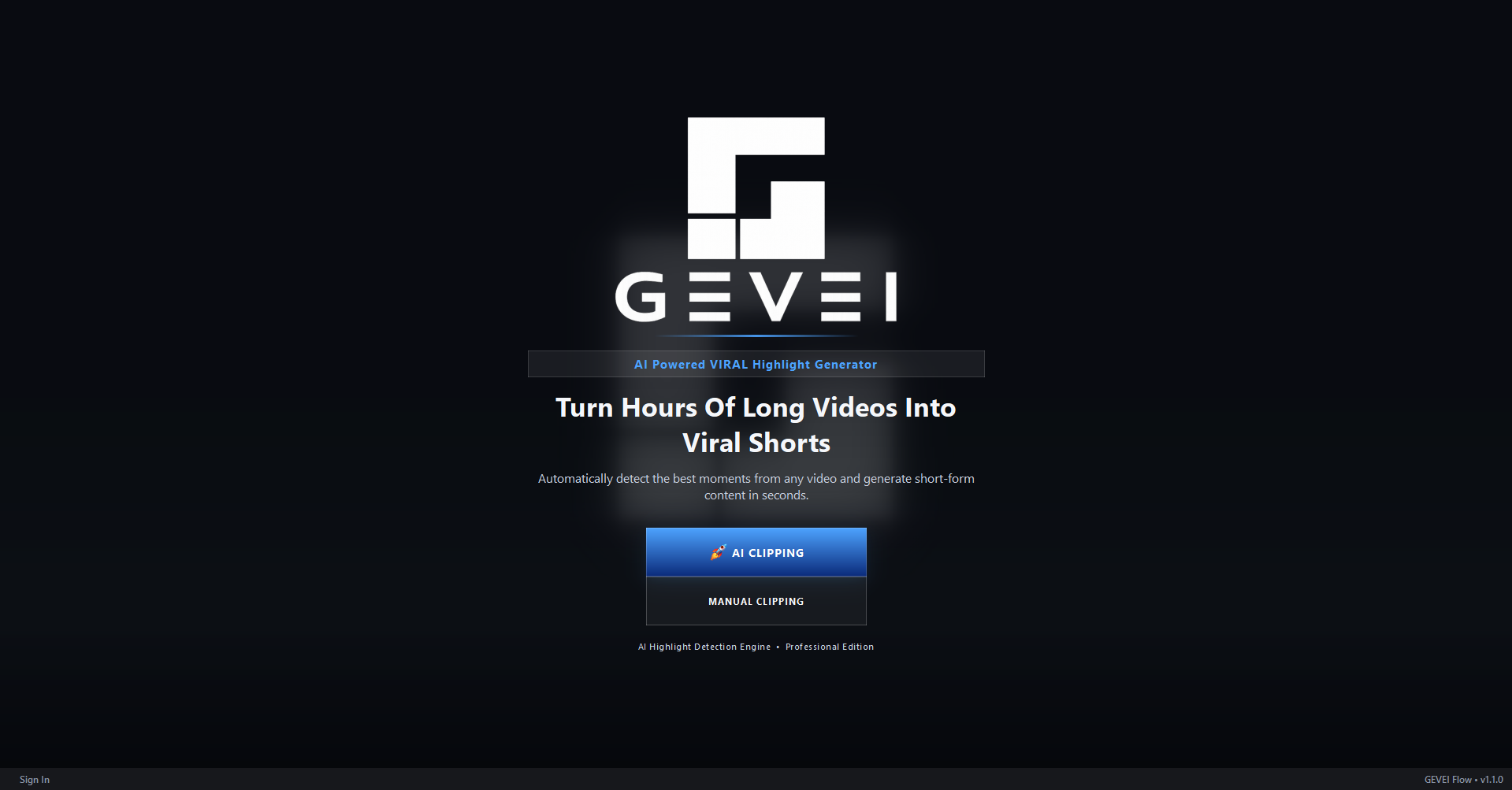 GEVEI FLOW start screen showing AI Clipping and Manual Clipping