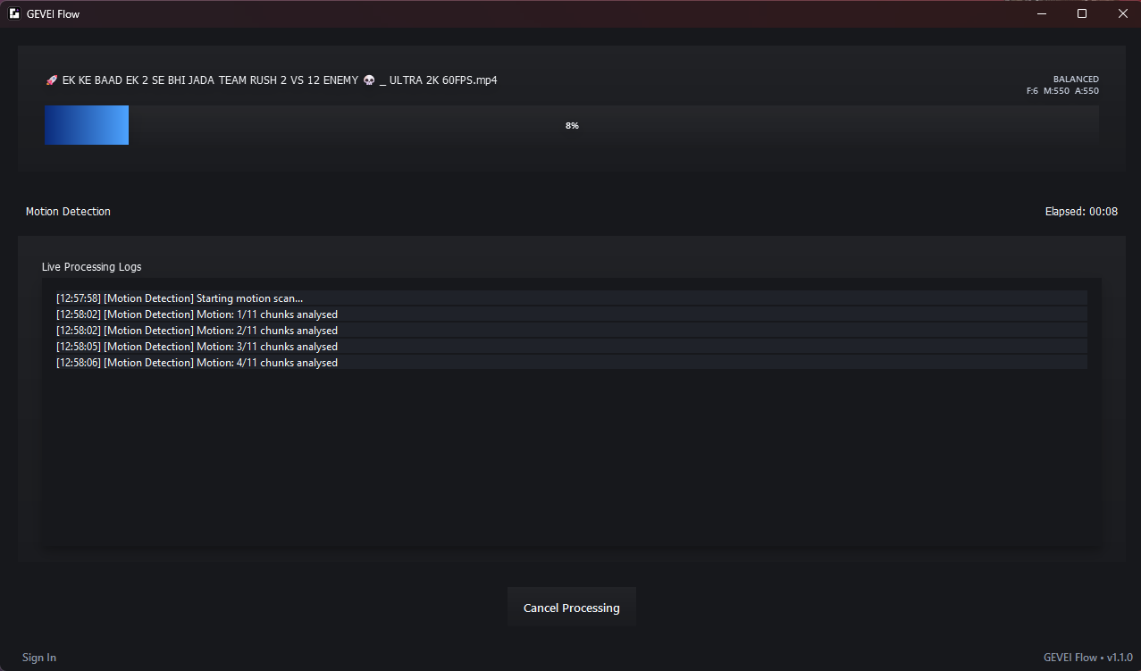 GEVEI FLOW processing screen with live analysis logs