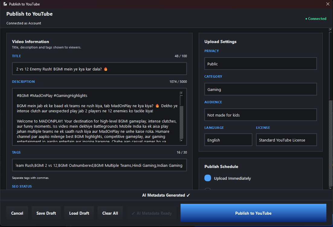 GEVEI FLOW YouTube publishing screen with generated metadata